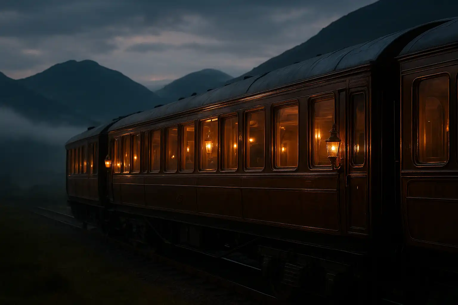Luxury TweedBet railway carriage rolling through a misty Scottish Highland landscape at dusk