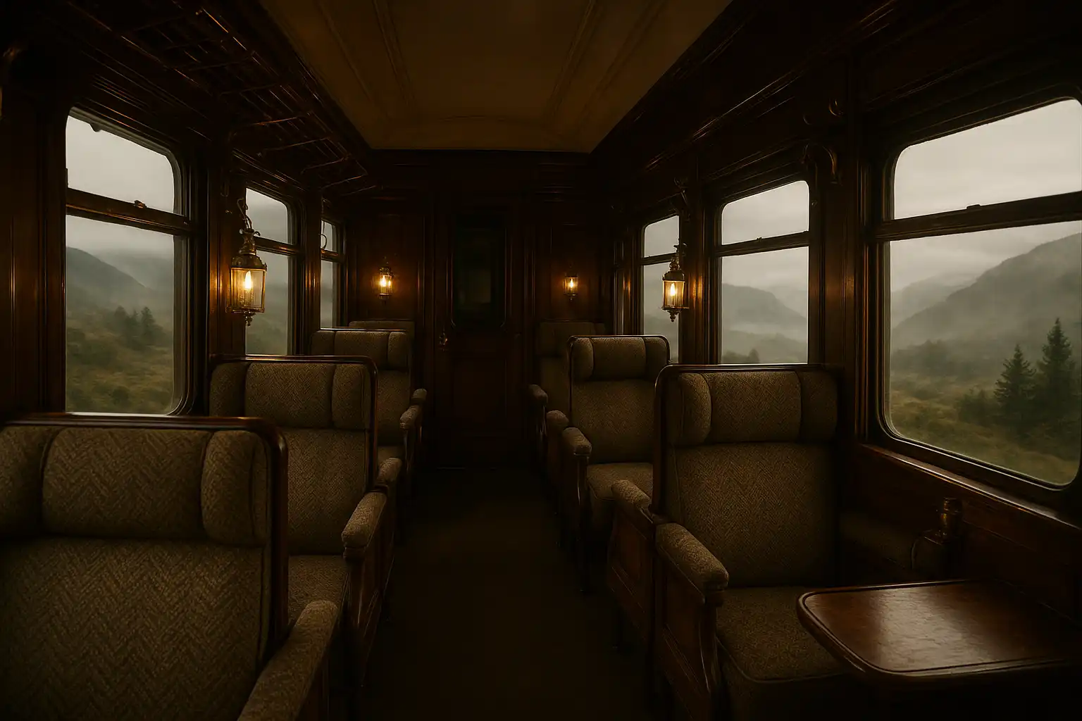 First-class TweedBet railway carriage interior with brass fittings, tweed seating and warm lantern light