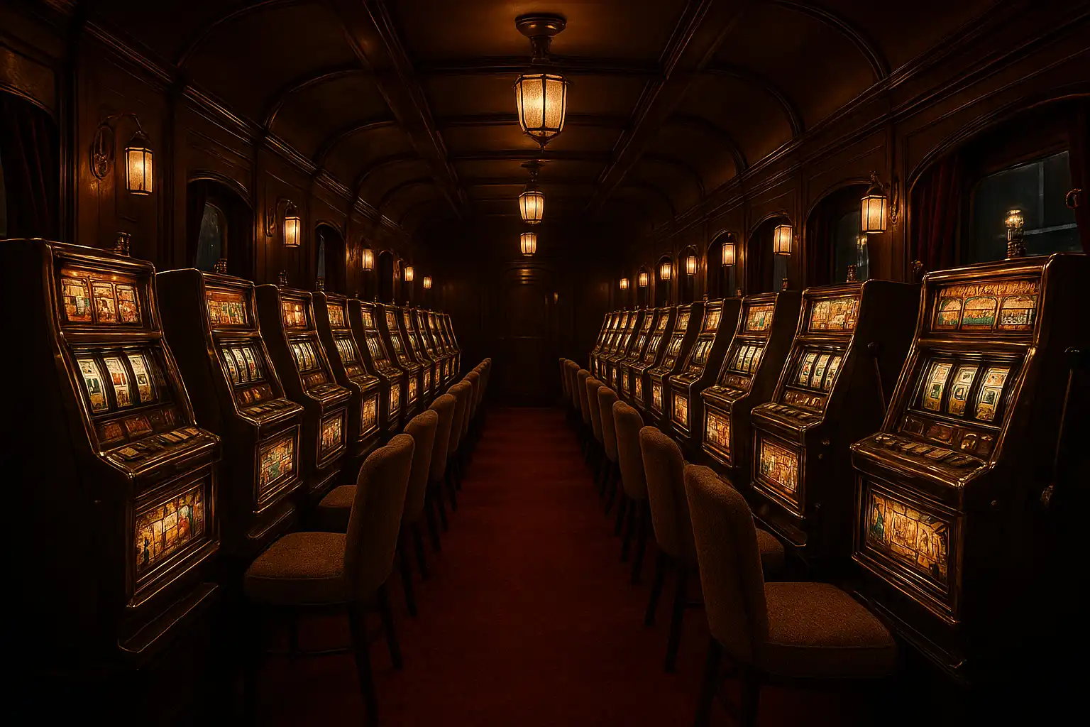 Rows of vintage slot machines with brass trim inside a tweed-lined TweedBet casino carriage