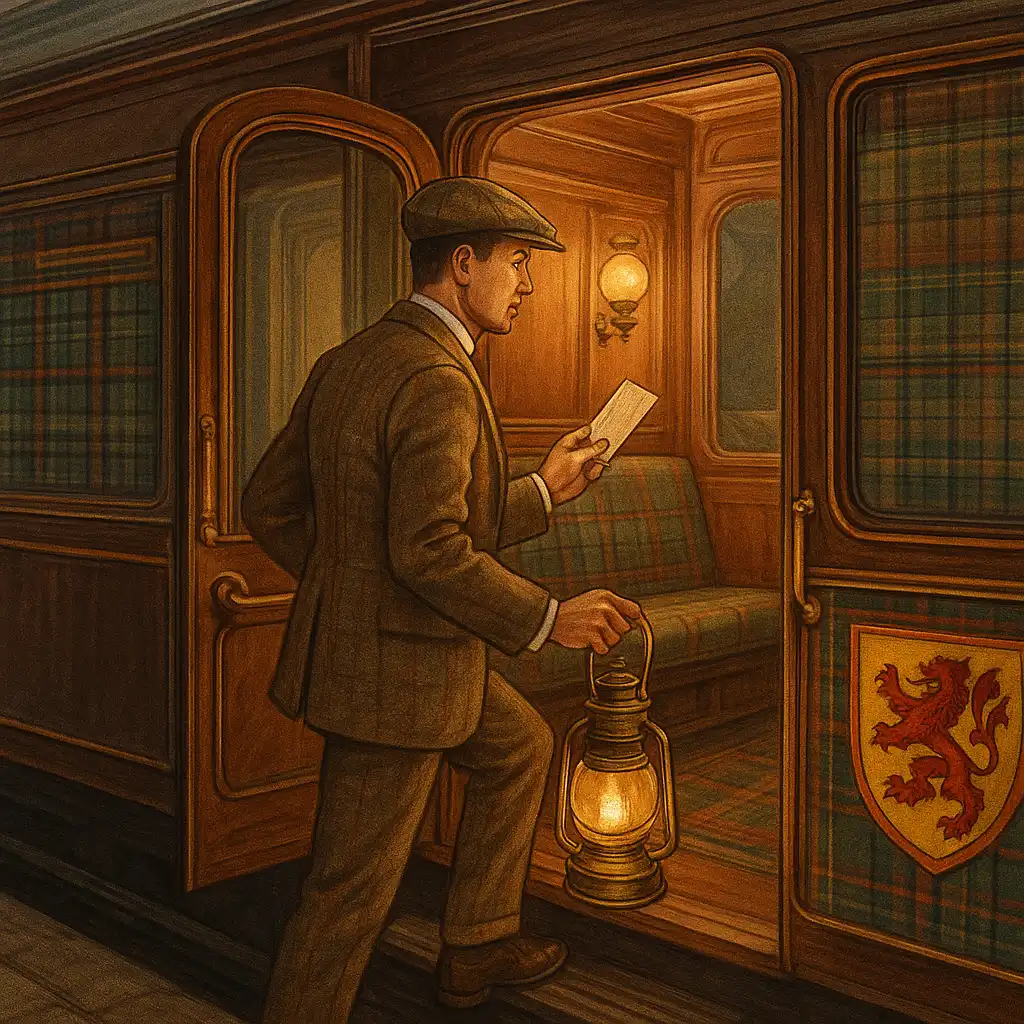 Illustration of a player boarding a vintage tweed-lined train carriage to register at TweedBet