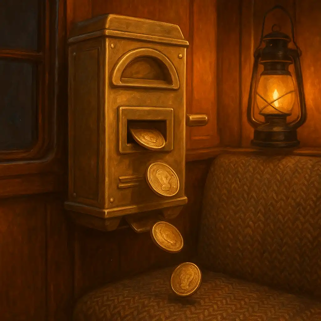 Brass ticket machine and coins representing a casino deposit inside a train compartment