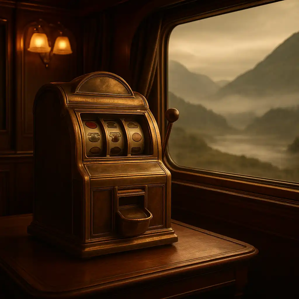 Vintage slot machine reels spinning against a misty Highland landscape seen from a train window